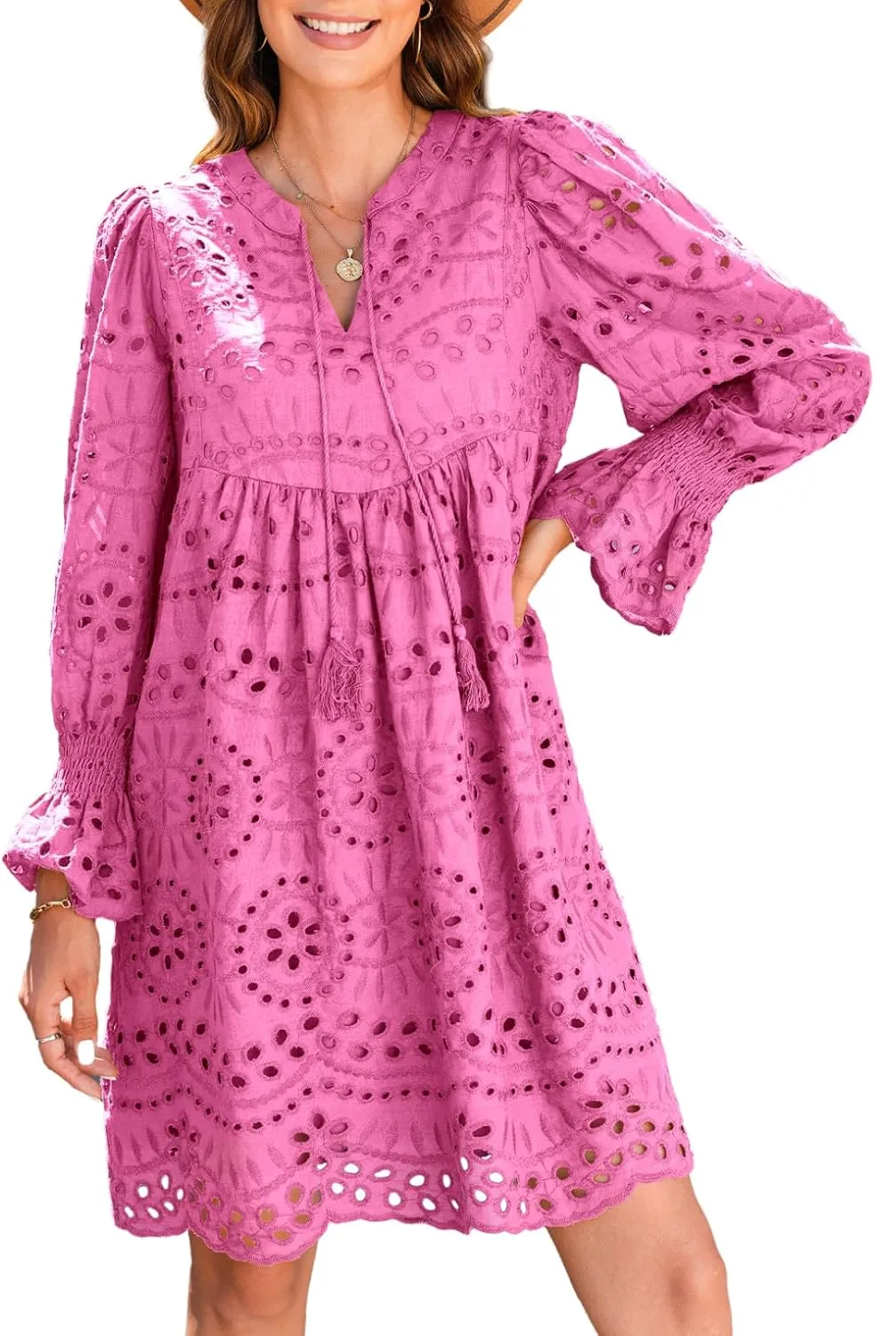 Dokotoo Womens 2024 Casual Dress Tassel V Neck Long Sleeve A Line Hollow Out Lace Ruffle Party Dresses