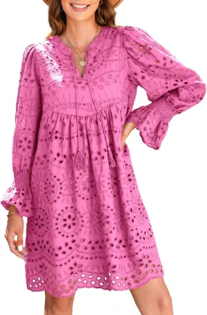 Dokotoo Womens 2024 Casual Dress Tassel V Neck Long Sleeve A Line Hollow Out Lace Ruffle Party Dresses