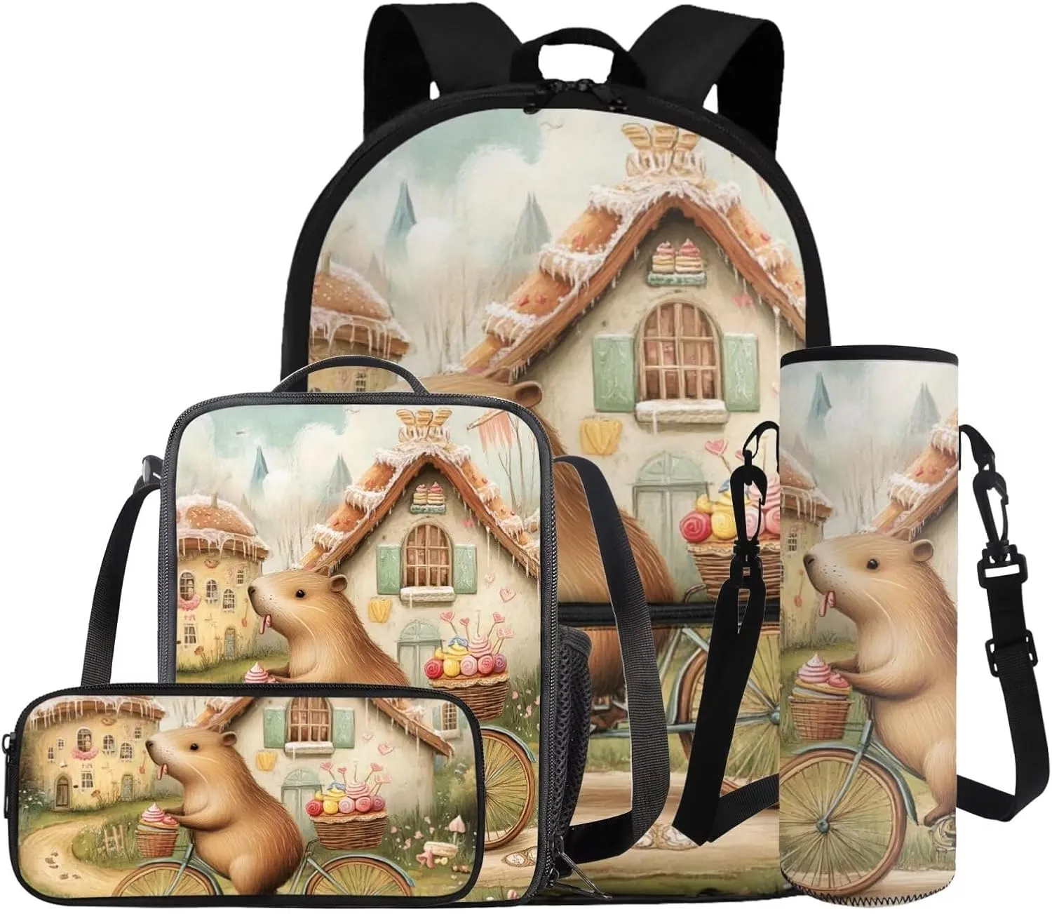 Dolyues Capybara School Set for Girls 17" Bookbag   Insulated Lunch Tote   Zipper Pouch   Cup Holder 4pcs School Bag Set Cute Bookbag with Easy-Clean Fabric
