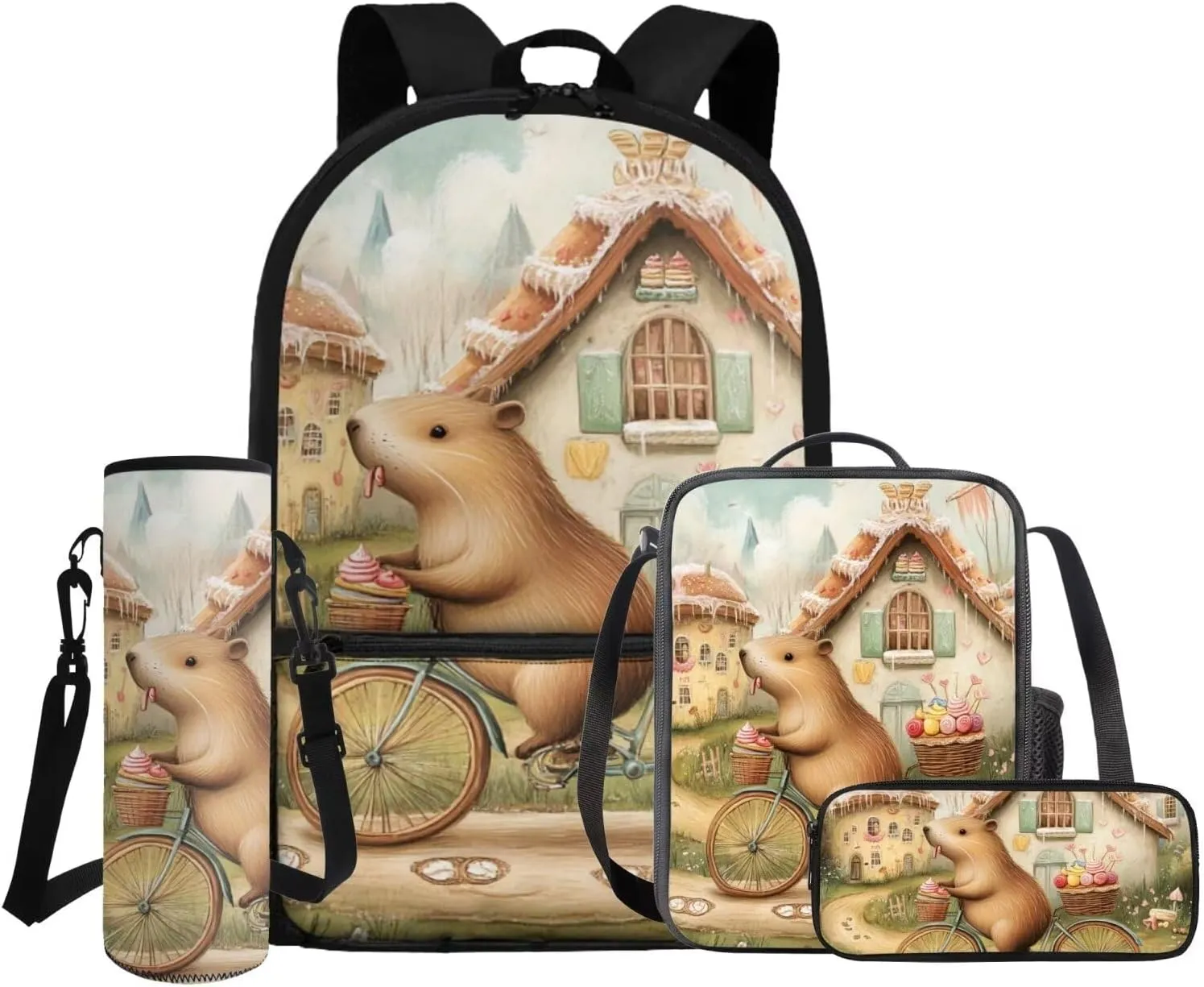 Dolyues Capybara School Set for Girls 17" Bookbag   Insulated Lunch Tote   Zipper Pouch   Cup Holder 4pcs School Bag Set Cute Bookbag with Easy-Clean Fabric