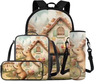 Dolyues Capybara School Set for Girls 17" Bookbag   Insulated Lunch Tote   Zipper Pouch   Cup Holder 4pcs School Bag Set Cute Bookbag with Easy-Clean Fabric