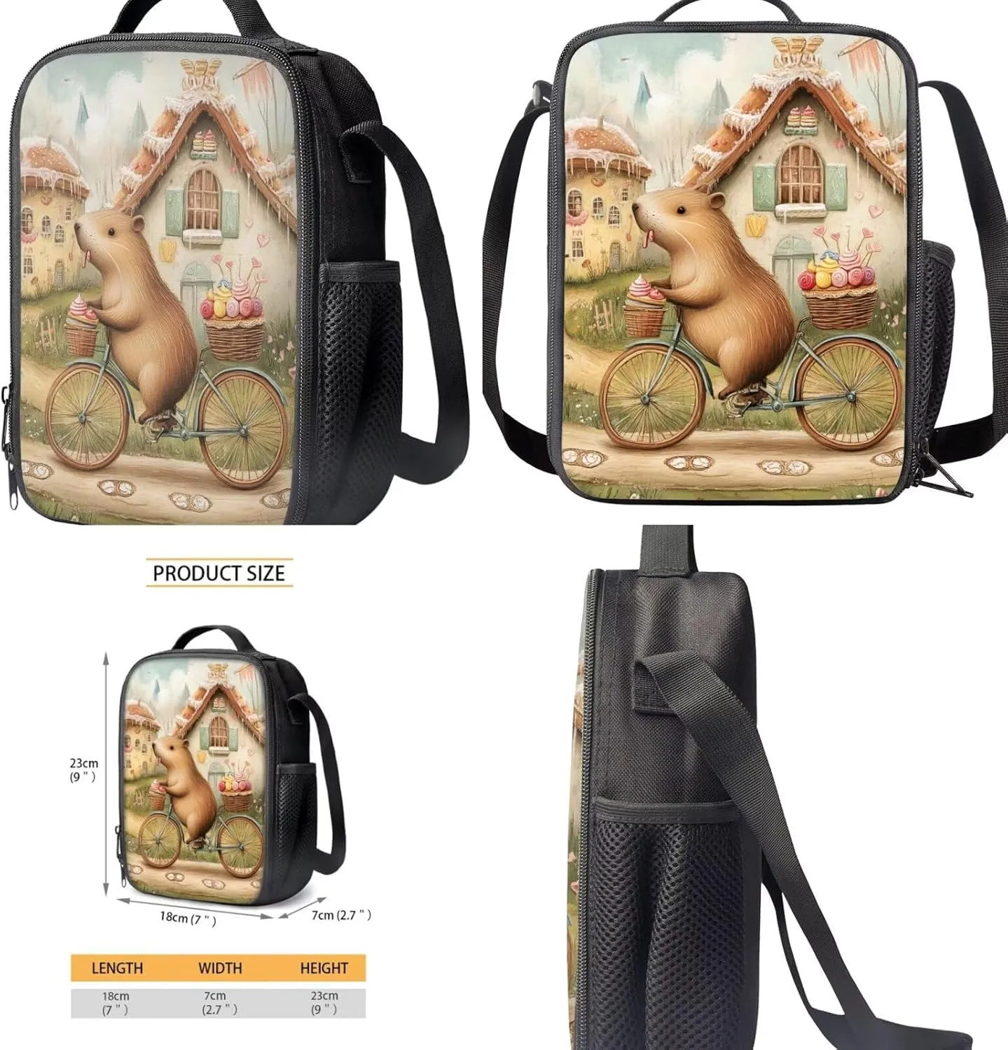 Dolyues Capybara School Set for Girls 17" Bookbag   Insulated Lunch Tote   Zipper Pouch   Cup Holder 4pcs School Bag Set Cute Bookbag with Easy-Clean Fabric