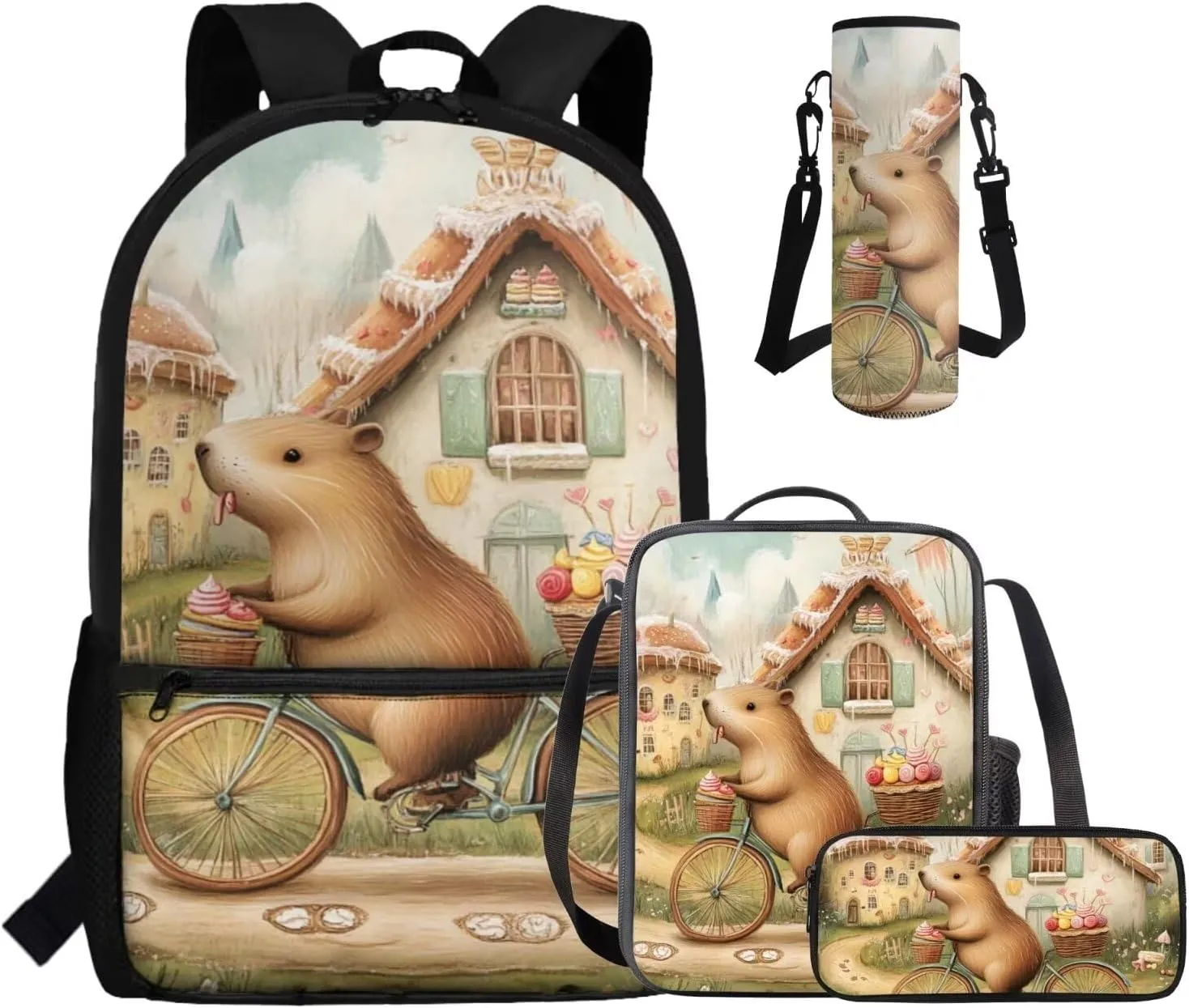 Dolyues Capybara School Set for Girls 17" Bookbag   Insulated Lunch Tote   Zipper Pouch   Cup Holder 4pcs School Bag Set Cute Bookbag with Easy-Clean Fabric