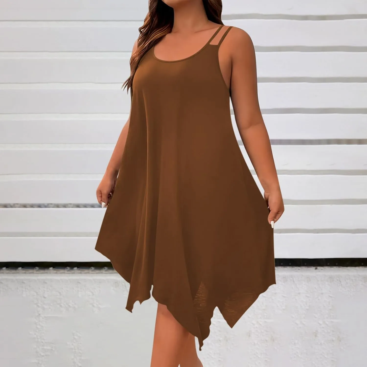 Dresses for Women 2025 Plus Size Sleeveless Scoop Neck Solid Irregular Hem Flowy Dress Sexy Casual Summer Midi Dress