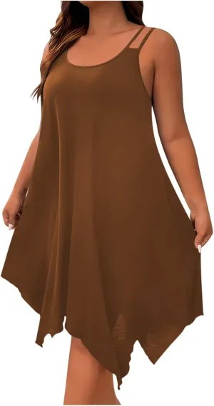 Dresses for Women 2025 Plus Size Sleeveless Scoop Neck Solid Irregular Hem Flowy Dress Sexy Casual Summer Midi Dress