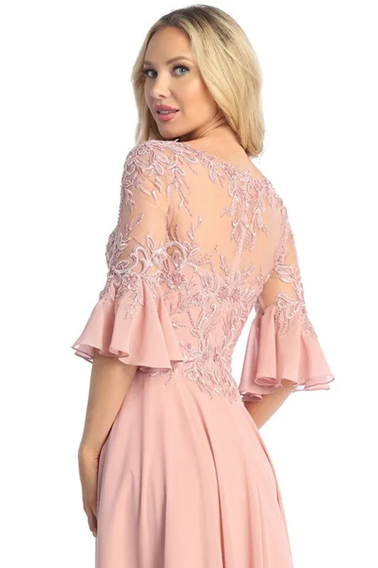 Dusty Rose Sleeved V Neck Lace Top A Line Dress