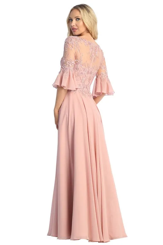 Dusty Rose Sleeved V Neck Lace Top A Line Dress