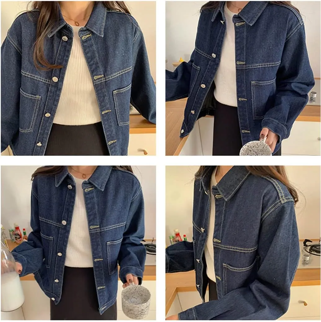 ebossy Women's Casual Loose Distressed Denim Jacket Classic Vintage Oversized Washed Trucker Jean Coat