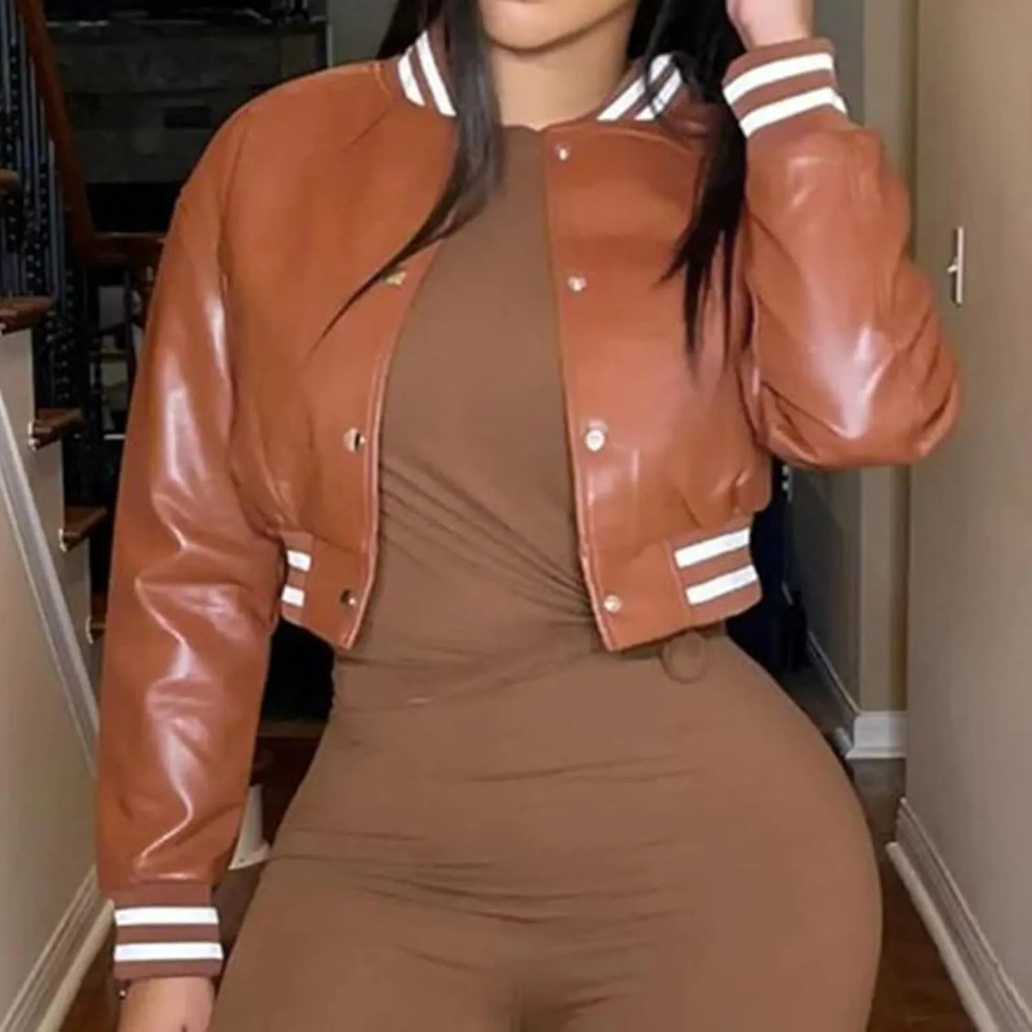 ECKHARDT Jackets for Women Corduroy Patchwork Stand Collar Button Long Sleeve Elastic Leather Pocket Coat Floral Zipped