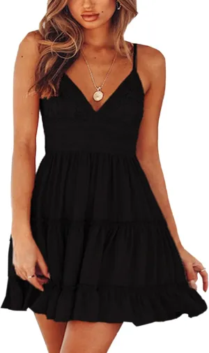 ECOWISH Summer Dresses for Women 2025 V-Neck Spaghetti Strap Bowknot Backless Sleeveless Lace Mini Swing Skater Dress