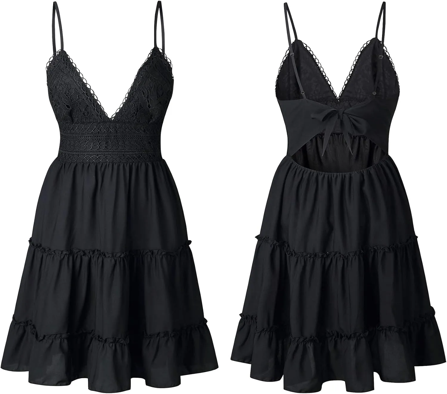 ECOWISH Summer Dresses for Women 2025 V-Neck Spaghetti Strap Bowknot Backless Sleeveless Lace Mini Swing Skater Dress