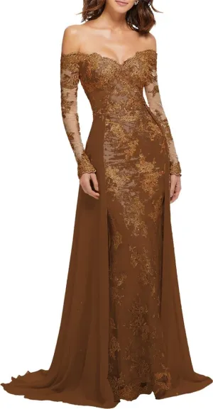 Elegant Mermaid Lace Chiffon Evening Gowns Off Shoulder Sweetheart Neck 3/4 Sleeve Wedding Guest Dress 2024