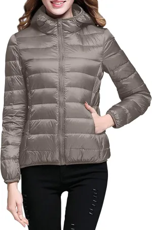 EMRELOD Women Down Jacket with Hood Lightweight Packable Zipper Winter Coat Slim Fit Casual Outdoor Solid Short Puffy Jacket