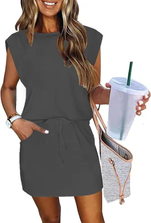 ETCYY NEW Womens Cap Sleeve Summer Dress Crew Neck Tie Front A-Line Dresses Double Layer Hem Mini Dress