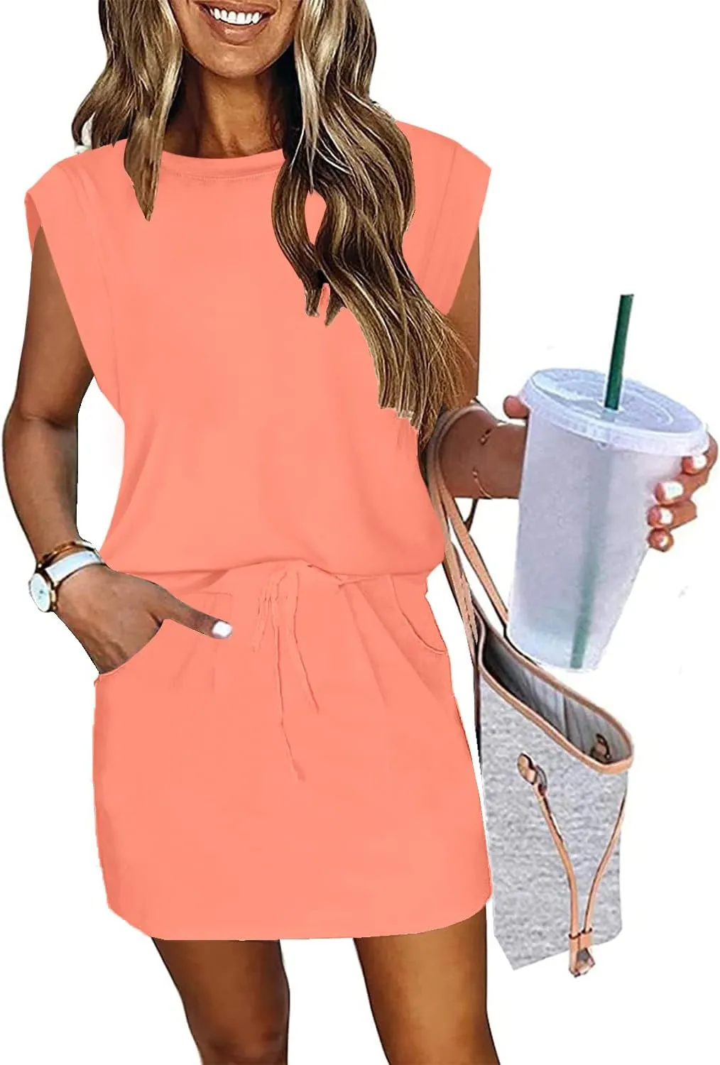 ETCYY NEW Womens Cap Sleeve Summer Dress Crew Neck Tie Front A-Line Dresses Double Layer Hem Mini Dress