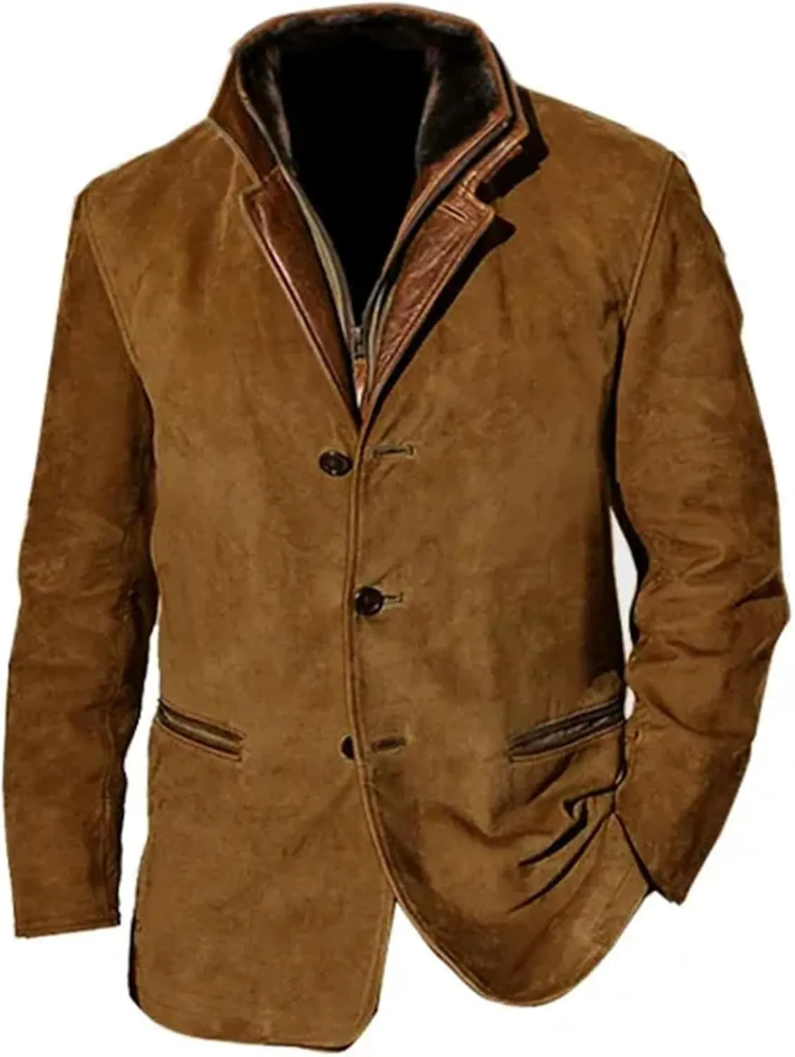 evzosrz Mens Western Jackets Fleece Vintage Faux Suede Leather Jacket 1/4 Zipper Button Winter Coat Casual Retro Outerwear