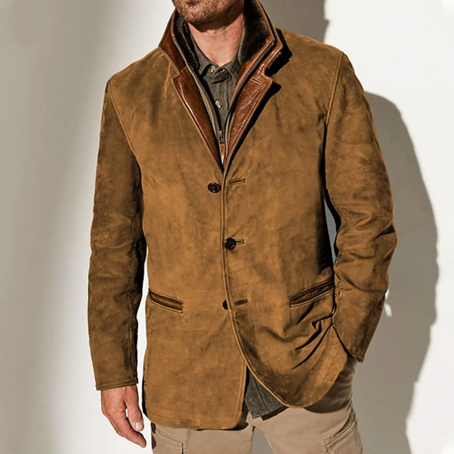 evzosrz Mens Western Jackets Fleece Vintage Faux Suede Leather Jacket 1/4 Zipper Button Winter Coat Casual Retro Outerwear