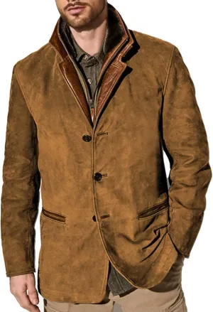 evzosrz Mens Western Jackets Fleece Vintage Faux Suede Leather Jacket 1/4 Zipper Button Winter Coat Casual Retro Outerwear