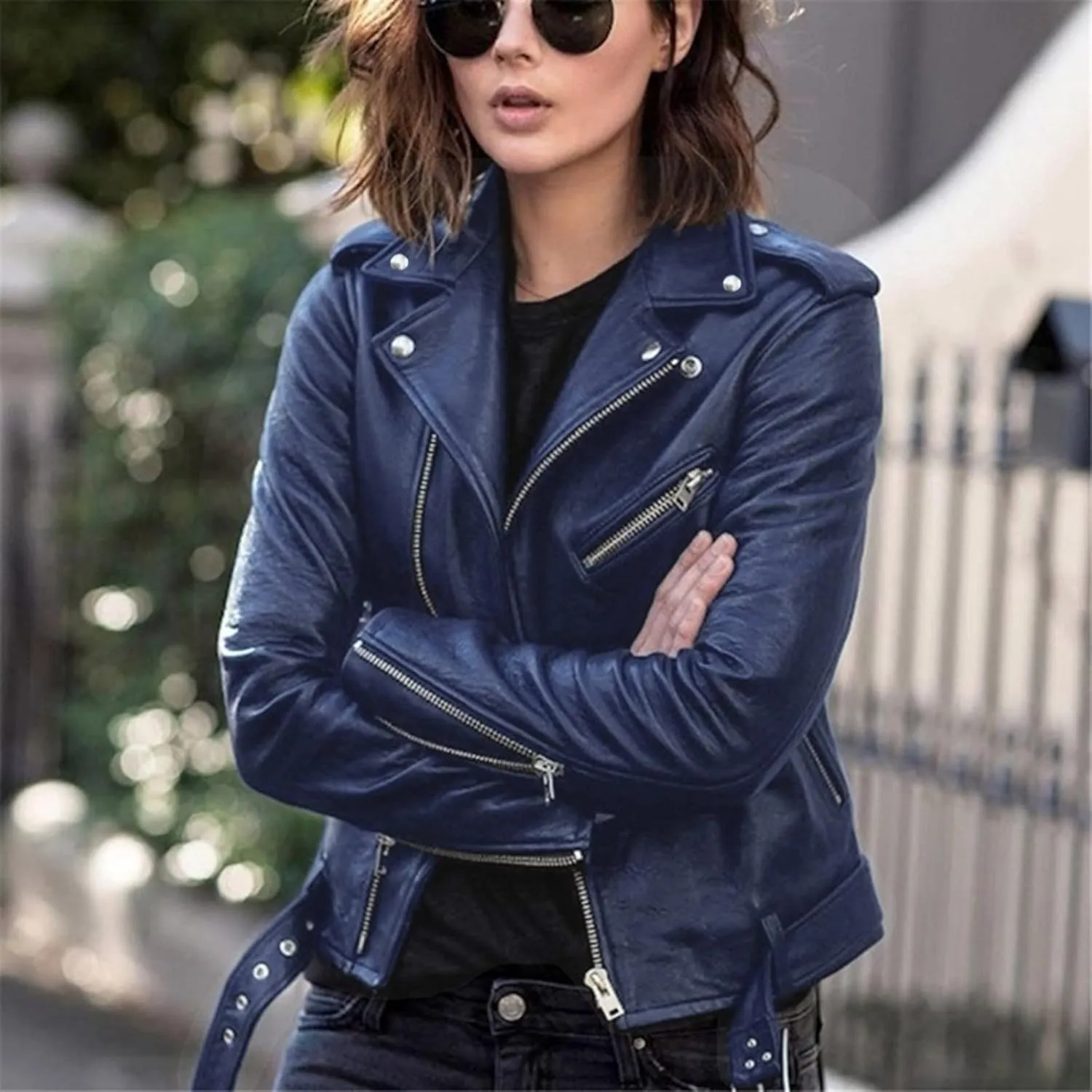 Faux Leather Jacket Women Zip Up Motorcycle Jacket Slim Leather Jacket Biker Jacket Plus Size Outerwear with Pockets