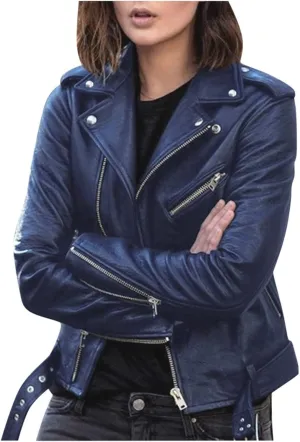 Faux Leather Jacket Women Zip Up Motorcycle Jacket Slim Leather Jacket Biker Jacket Plus Size Outerwear with Pockets