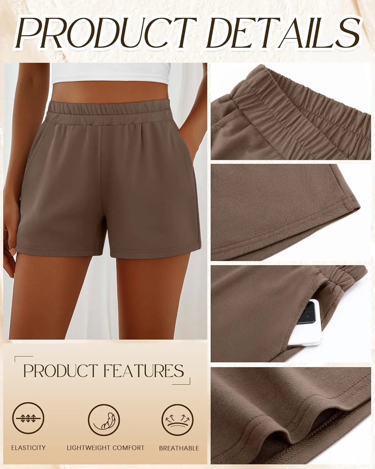 Ficerd 3 Pack Women's Sweat Shorts, Elastic High Waist Casual Summer Lounge Cotton Comfy Athletic Shorts with Pockets