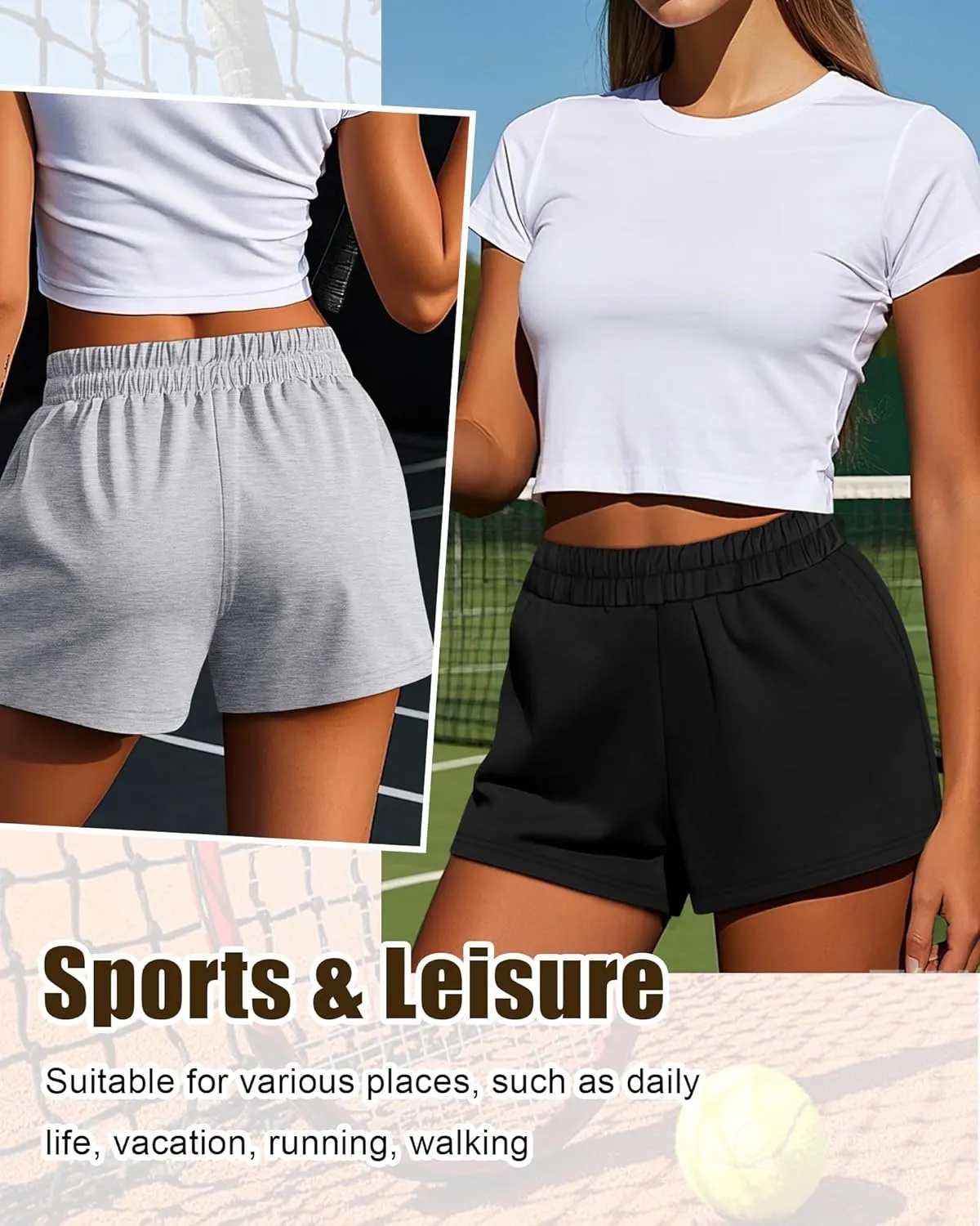 Ficerd 3 Pack Women's Sweat Shorts, Elastic High Waist Casual Summer Lounge Cotton Comfy Athletic Shorts with Pockets