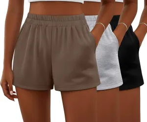 Ficerd 3 Pack Women's Sweat Shorts, Elastic High Waist Casual Summer Lounge Cotton Comfy Athletic Shorts with Pockets