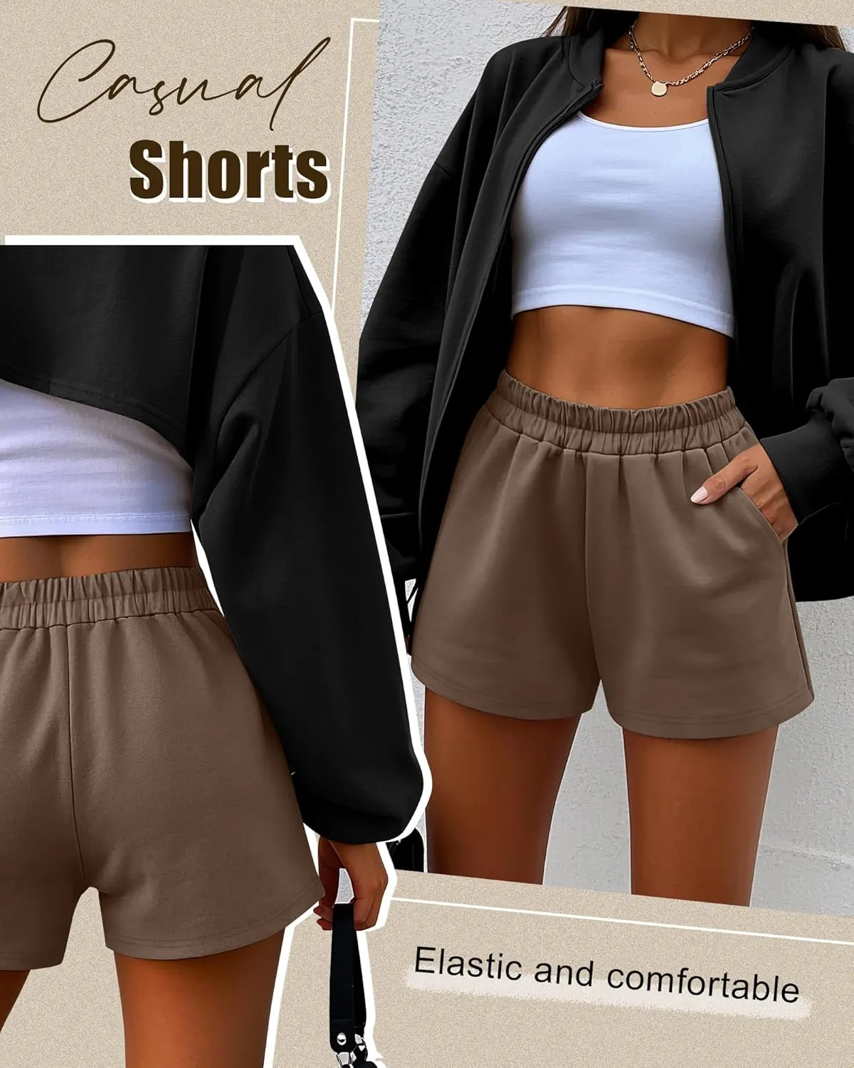 Ficerd 3 Pack Women's Sweat Shorts, Elastic High Waist Casual Summer Lounge Cotton Comfy Athletic Shorts with Pockets