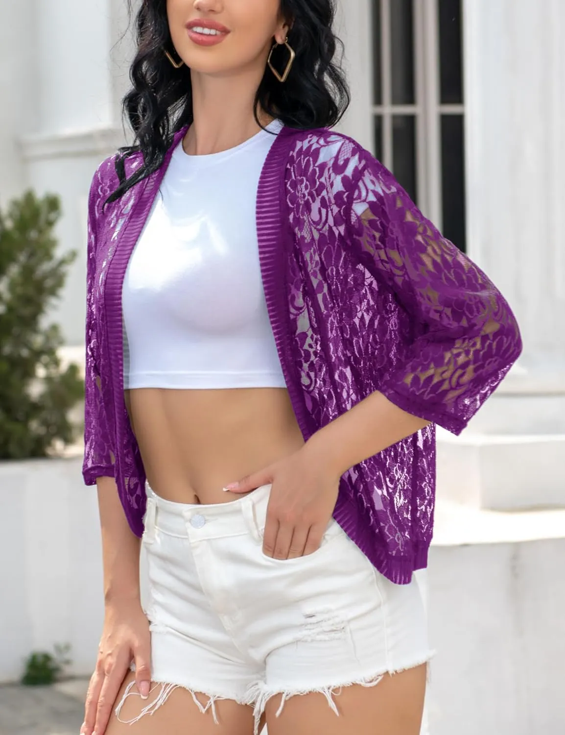 FindThy Women's Floral Lace Shrug Cardigan 3/4 Sleeve Crochet Bolero Jacket