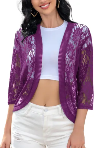 FindThy Women's Floral Lace Shrug Cardigan 3/4 Sleeve Crochet Bolero Jacket