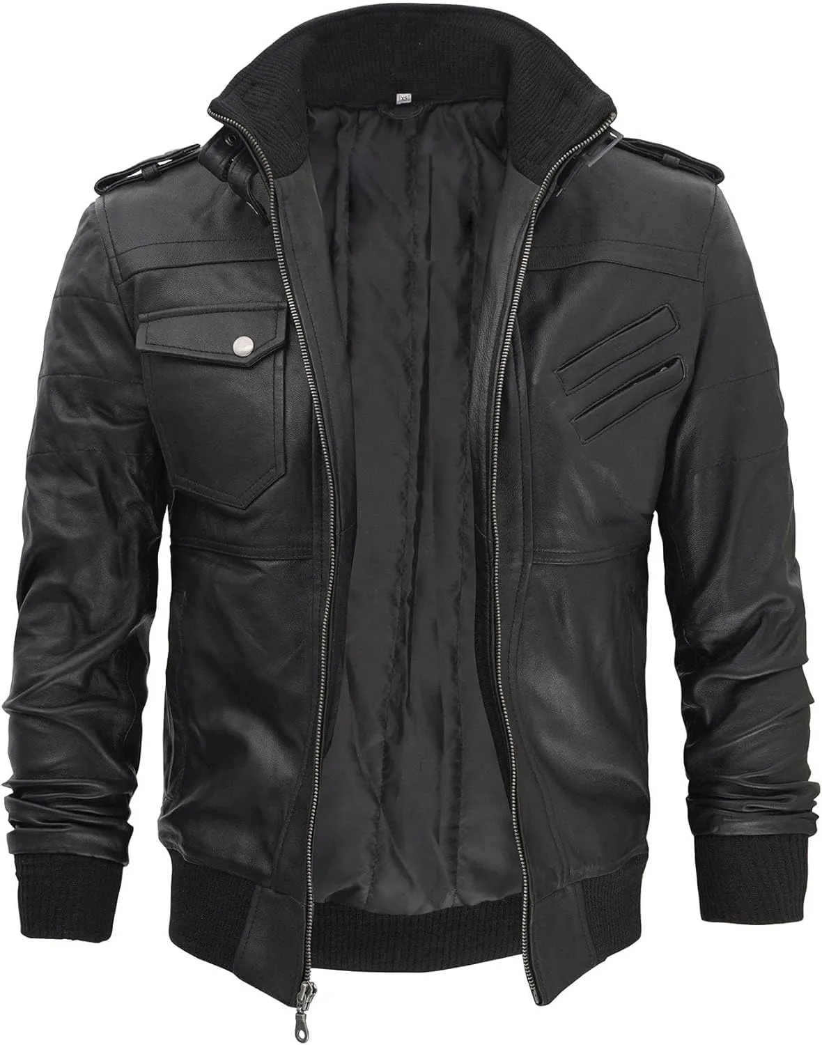 fjackets Real Leather Bomber Jacket - Motorcycle Casual Stand Collar Jackets with Removable Hood