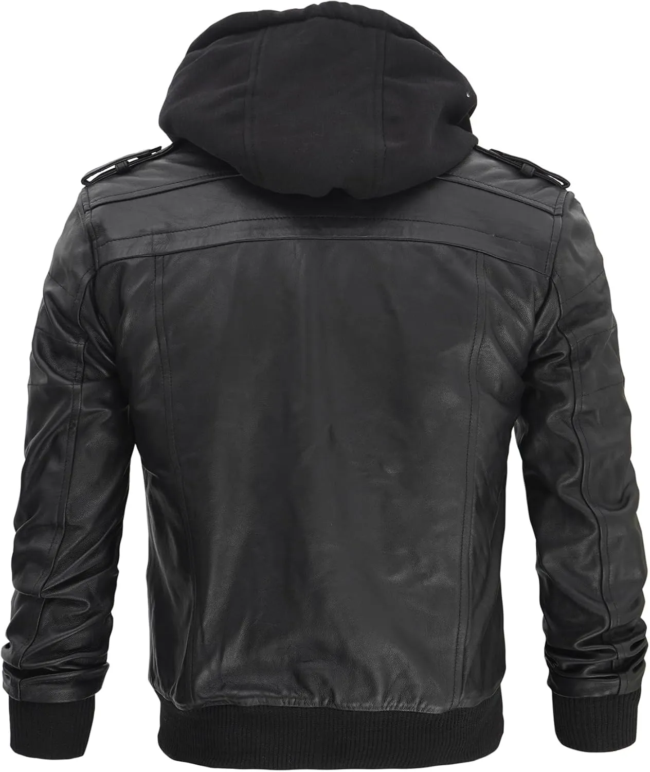 fjackets Real Leather Bomber Jacket - Motorcycle Casual Stand Collar Jackets with Removable Hood