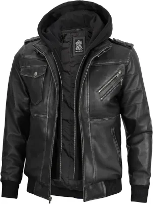 fjackets Real Leather Bomber Jacket - Motorcycle Casual Stand Collar Jackets with Removable Hood