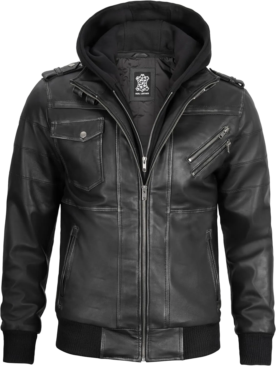 fjackets Real Leather Bomber Jacket - Motorcycle Casual Stand Collar Jackets with Removable Hood