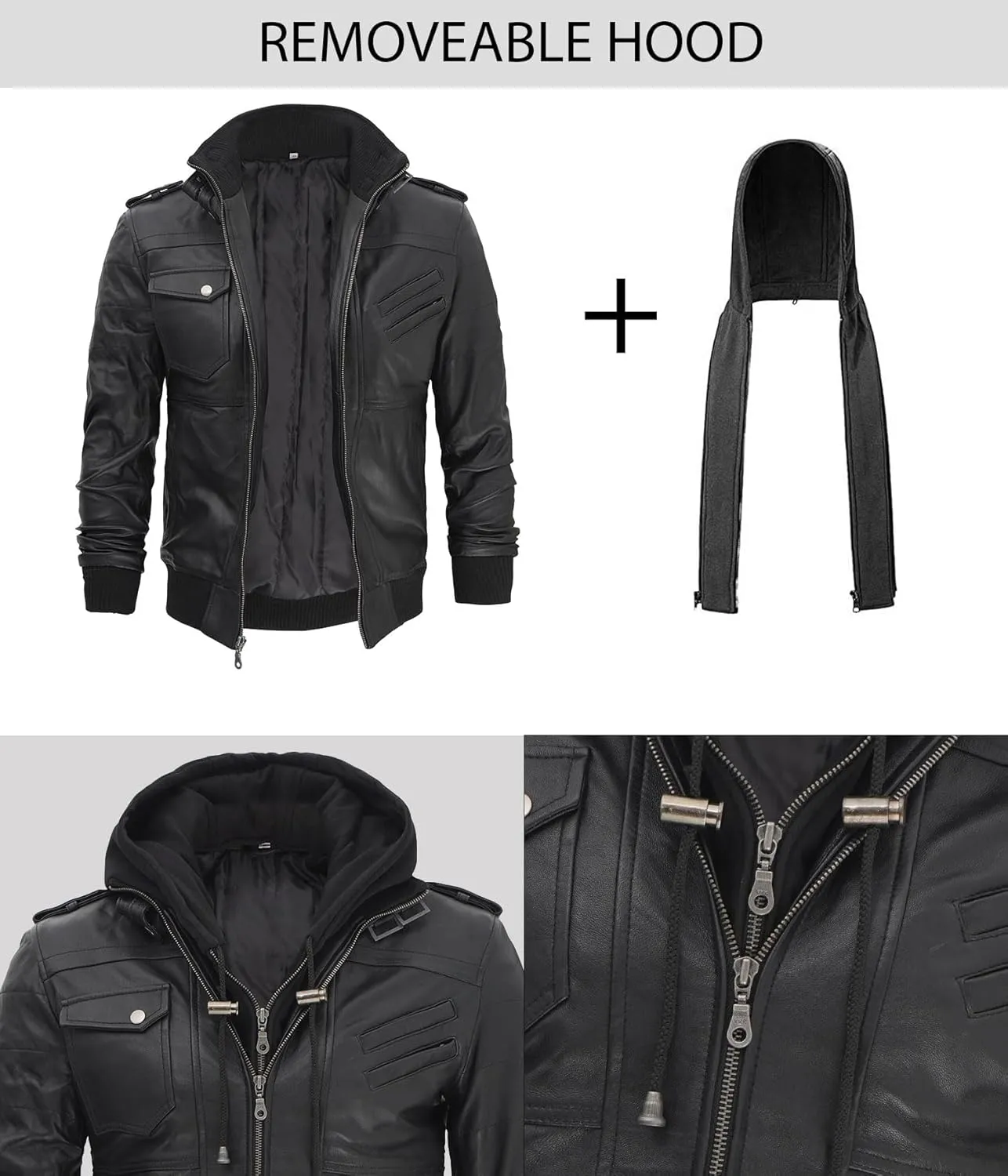 fjackets Real Leather Bomber Jacket - Motorcycle Casual Stand Collar Jackets with Removable Hood