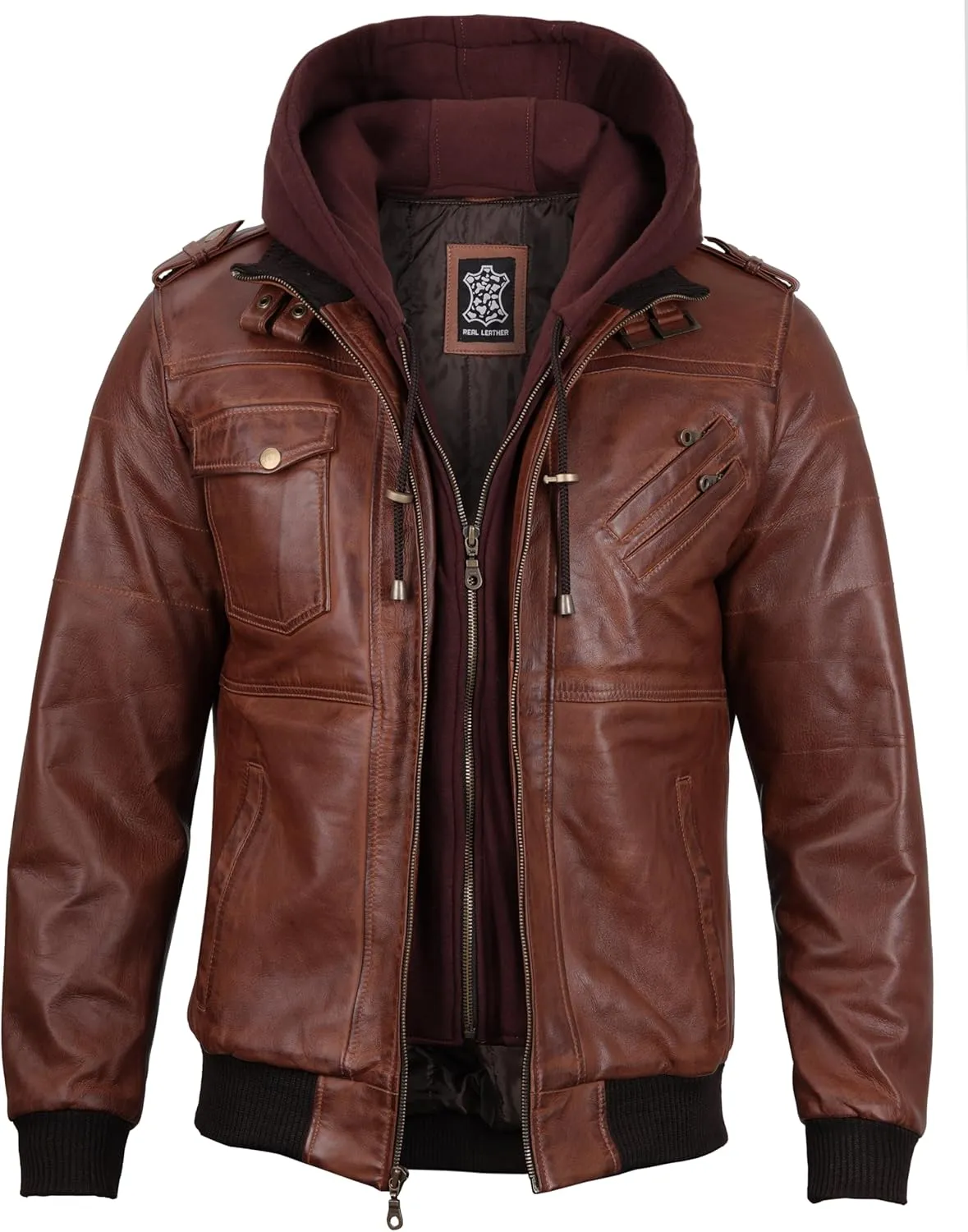 fjackets Real Leather Bomber Jacket - Motorcycle Casual Stand Collar Jackets with Removable Hood