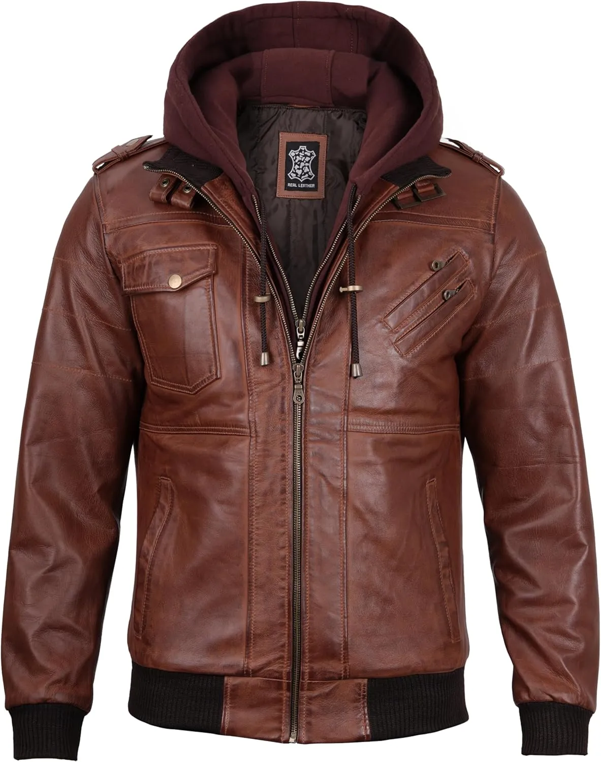 fjackets Real Leather Bomber Jacket - Motorcycle Casual Stand Collar Jackets with Removable Hood