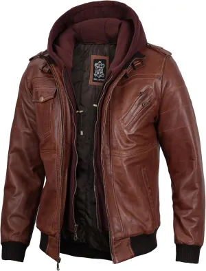 fjackets Real Leather Bomber Jacket - Motorcycle Casual Stand Collar Jackets with Removable Hood