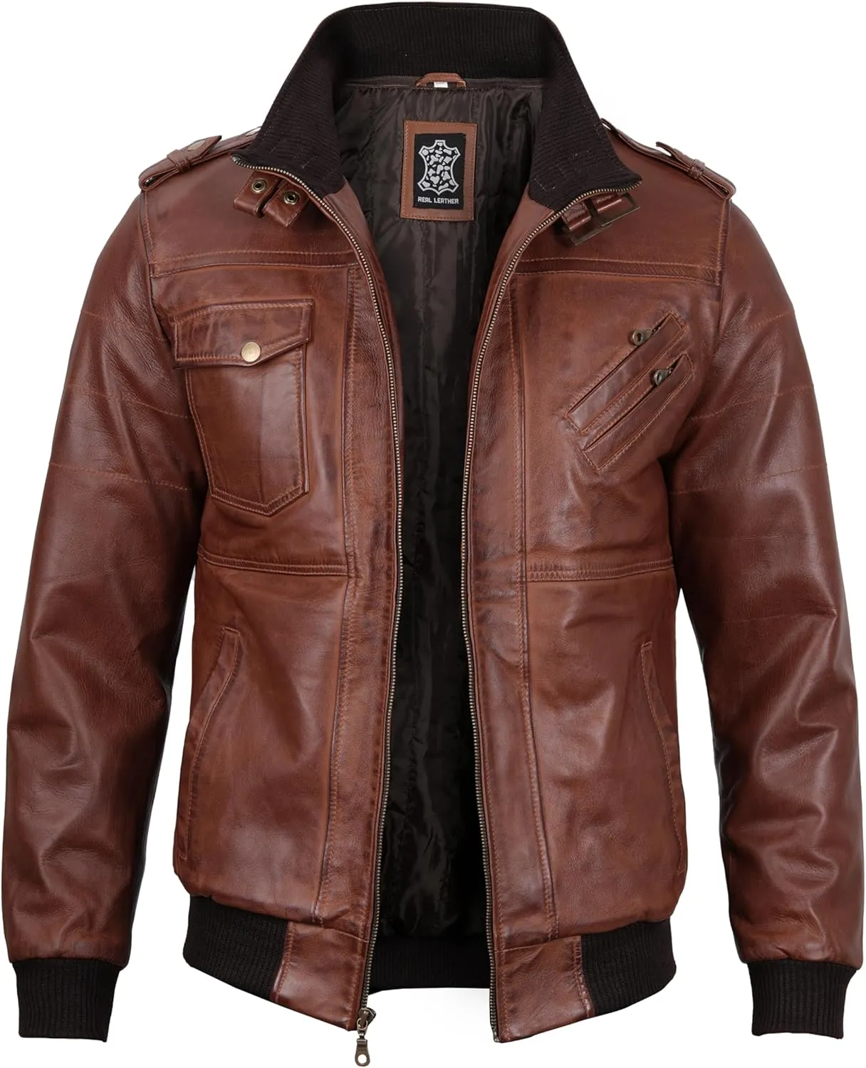 fjackets Real Leather Bomber Jacket - Motorcycle Casual Stand Collar Jackets with Removable Hood