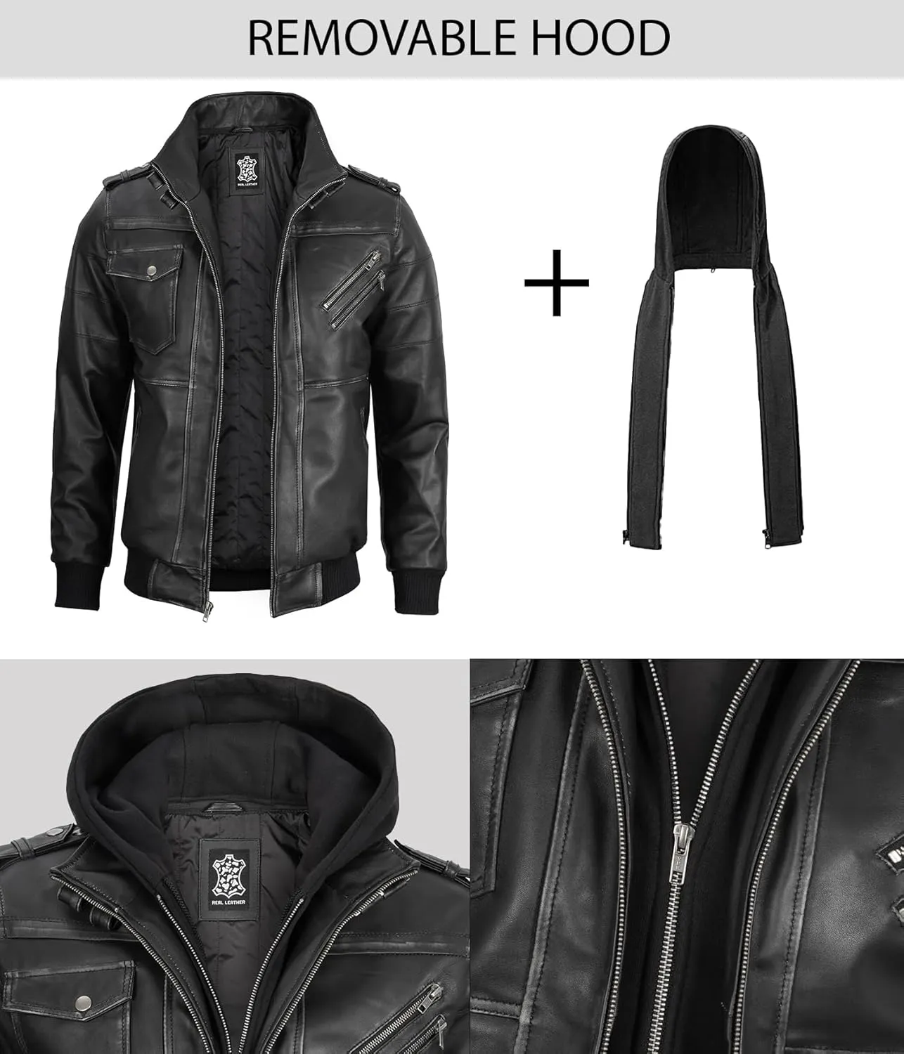 fjackets Real Leather Bomber Jacket - Motorcycle Casual Stand Collar Jackets with Removable Hood