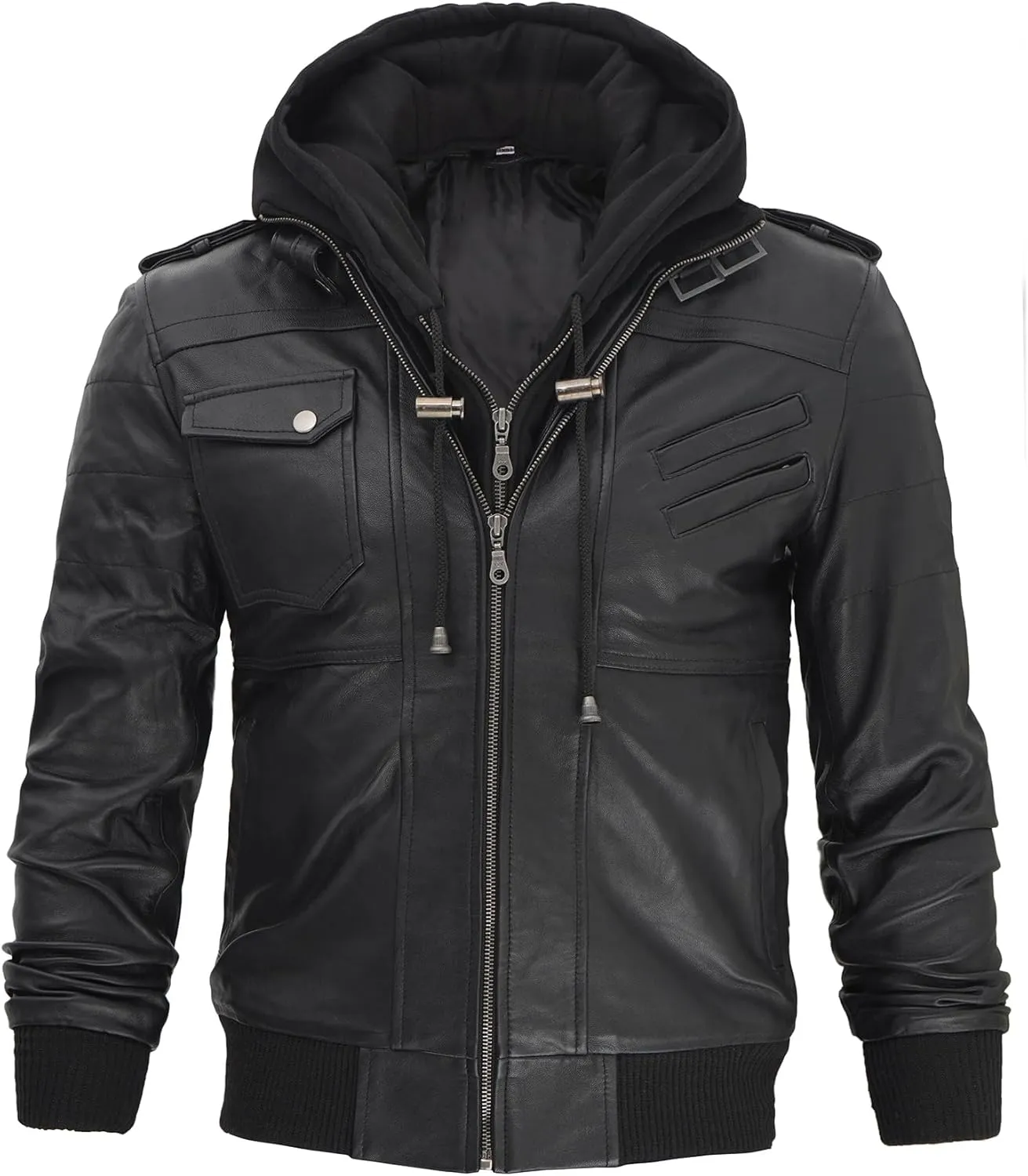 fjackets Real Leather Bomber Jacket - Motorcycle Casual Stand Collar Jackets with Removable Hood