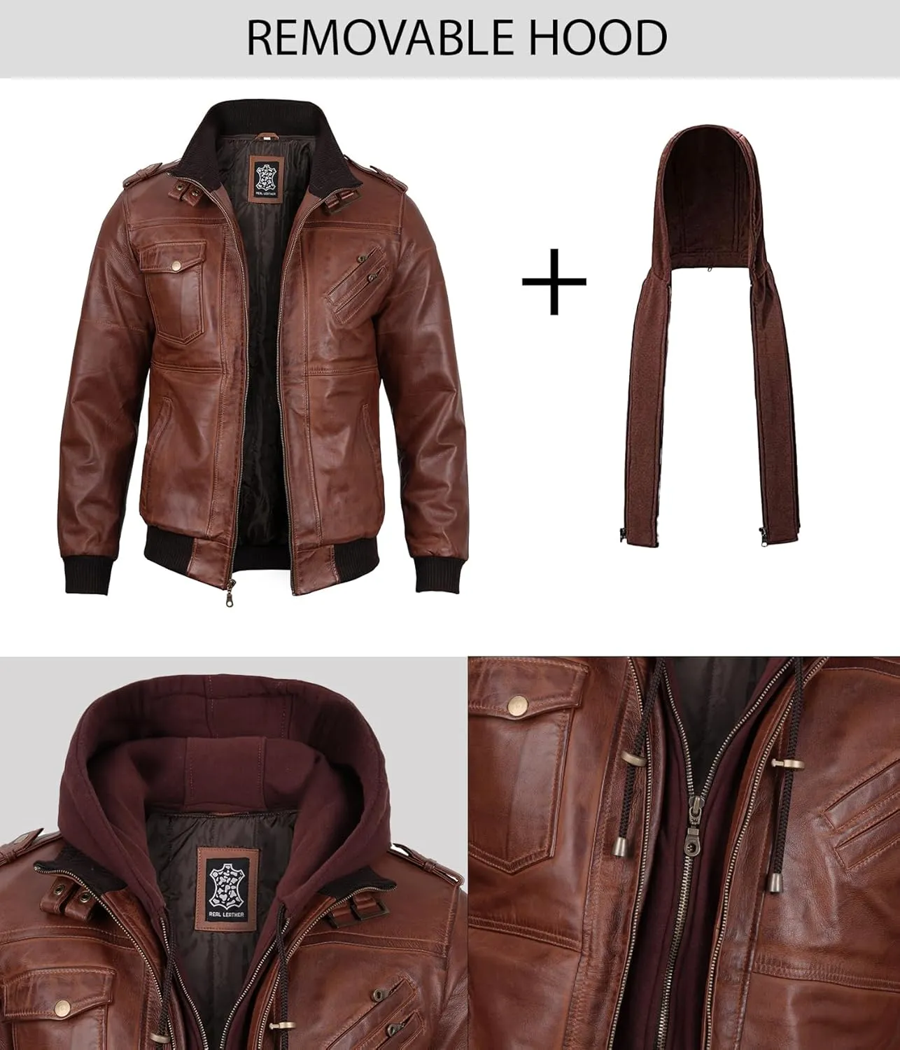 fjackets Real Leather Bomber Jacket - Motorcycle Casual Stand Collar Jackets with Removable Hood