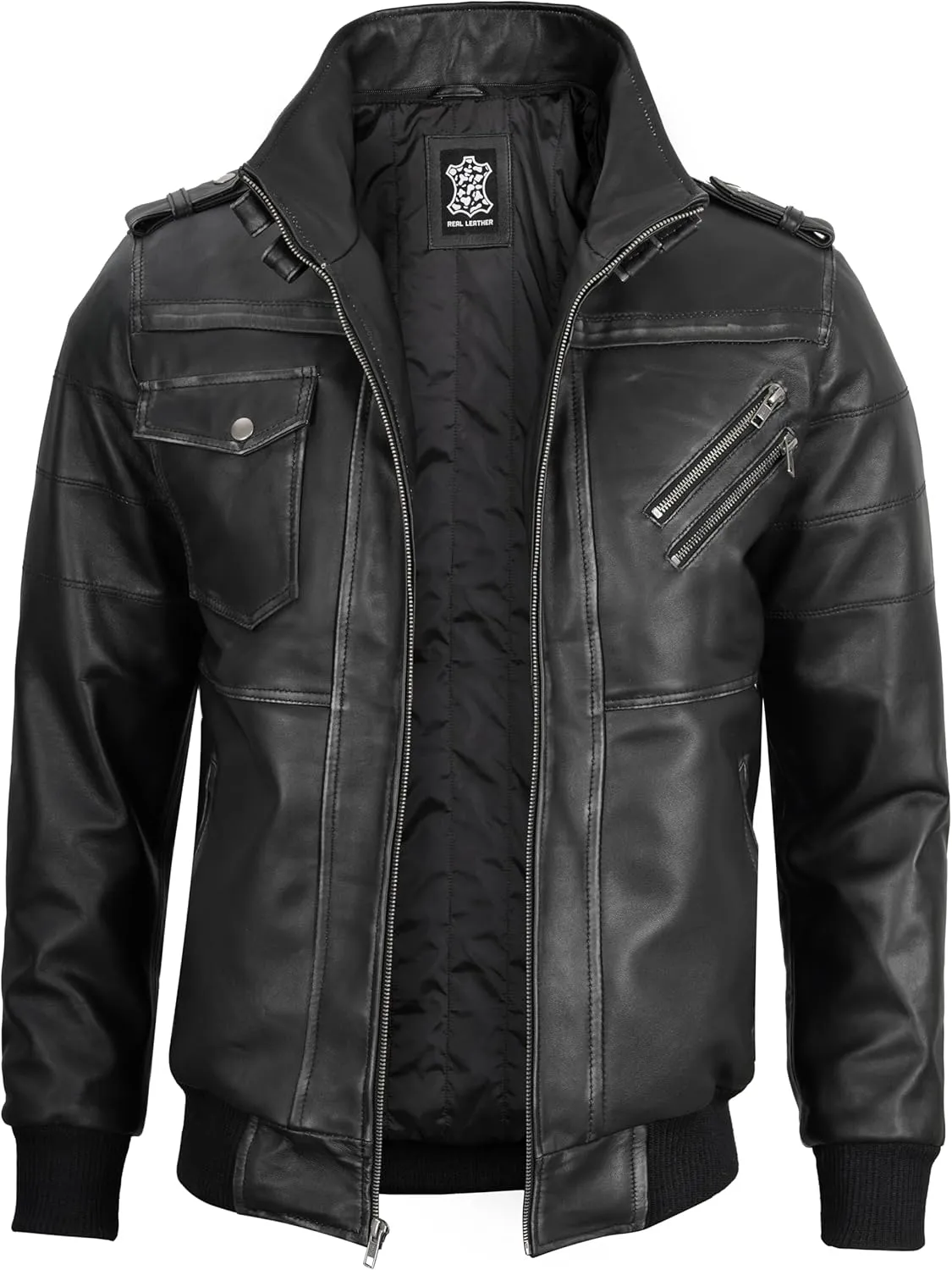 fjackets Real Leather Bomber Jacket - Motorcycle Casual Stand Collar Jackets with Removable Hood