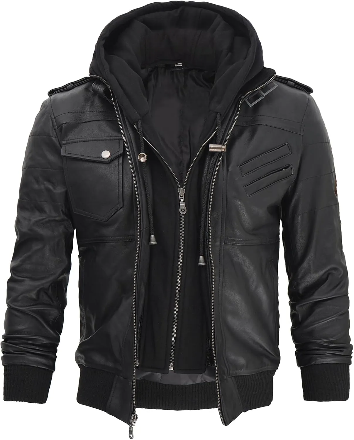 fjackets Real Leather Bomber Jacket - Motorcycle Casual Stand Collar Jackets with Removable Hood