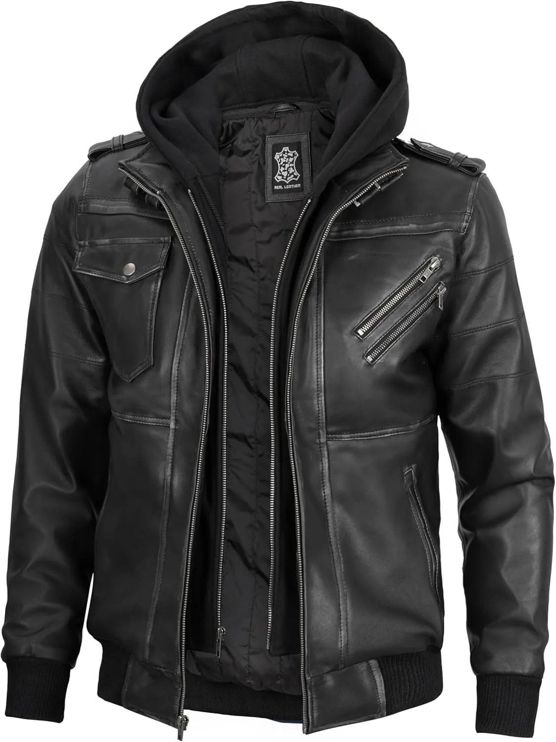 fjackets Real Leather Bomber Jacket - Motorcycle Casual Stand Collar Jackets with Removable Hood
