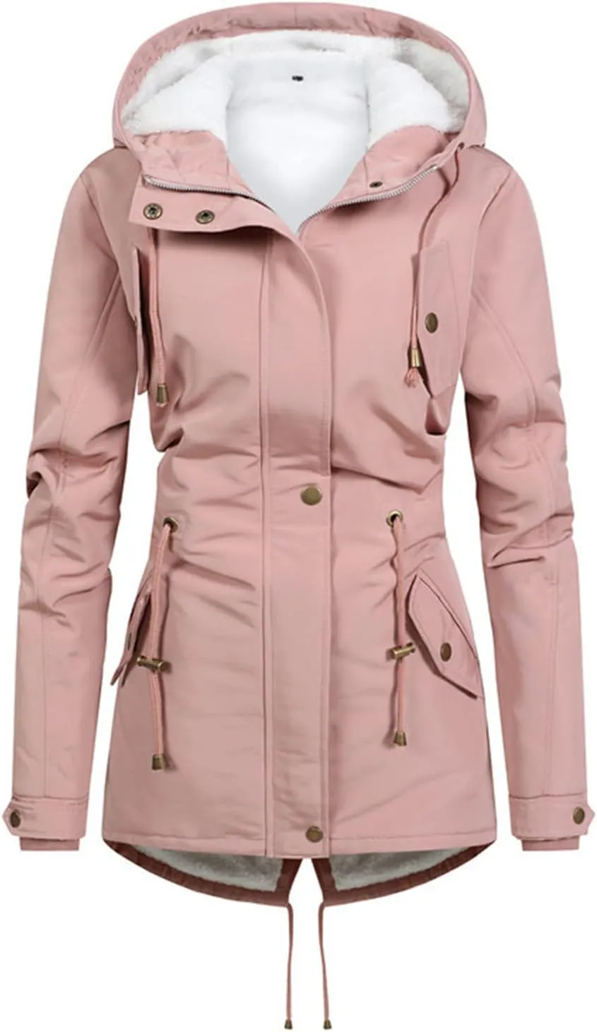 Fleece Lined Winter Jacket Women Drawstring Waist Jacket Hooded Down Coat Plus Size Warm Jacket Military Anorak Jacket