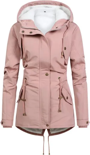 Fleece Lined Winter Jacket Women Drawstring Waist Jacket Hooded Down Coat Plus Size Warm Jacket Military Anorak Jacket