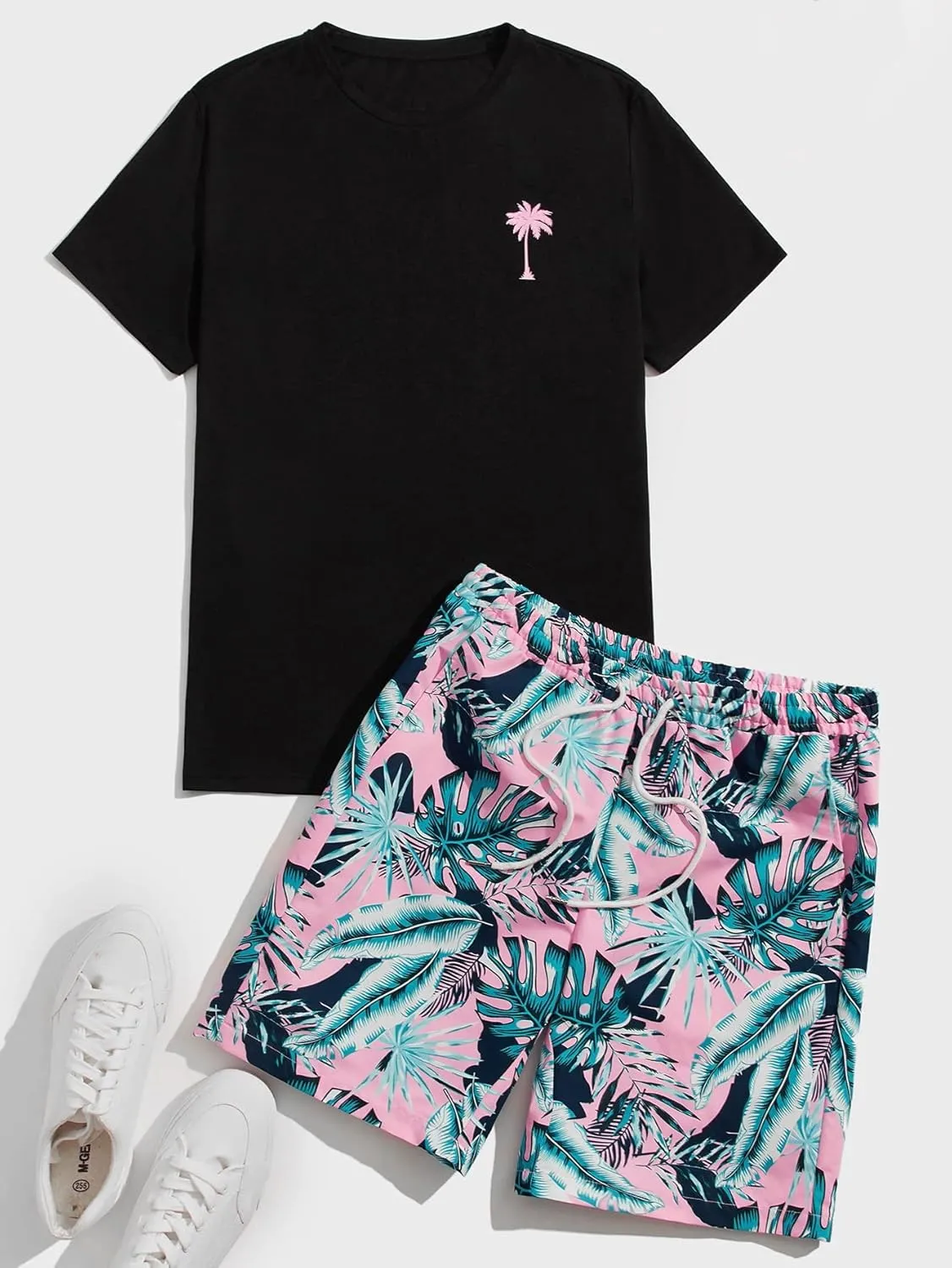 Floerns Men's Graphic Print T Shirt Drawstring Waist Shorts Set 2 Piece Outfit