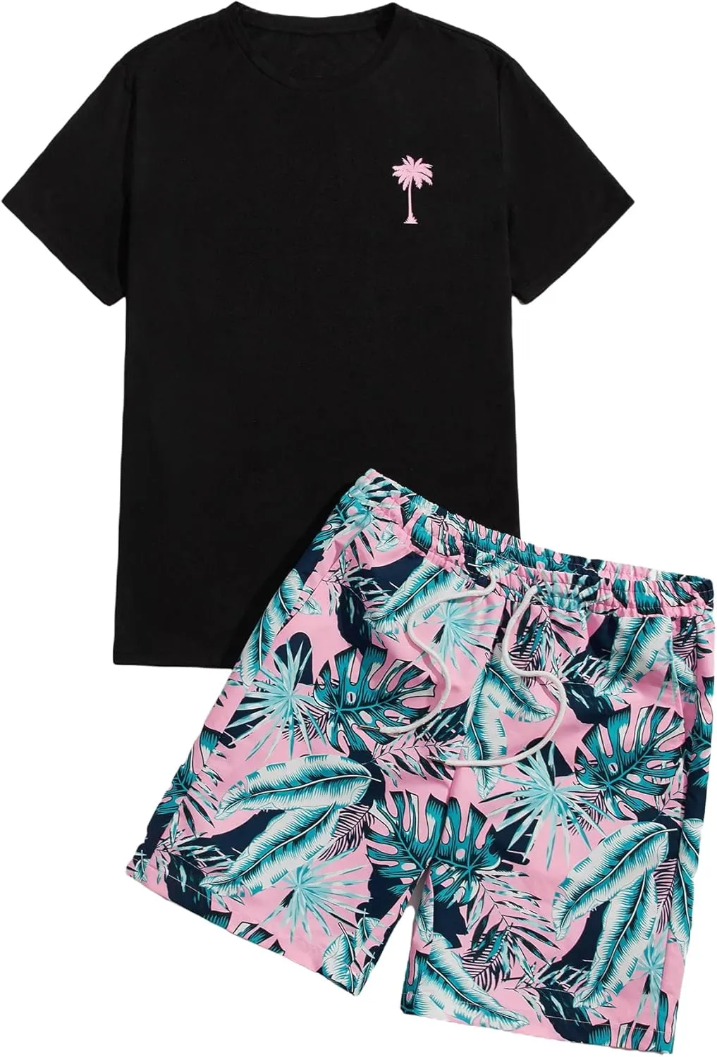 Floerns Men's Graphic Print T Shirt Drawstring Waist Shorts Set 2 Piece Outfit