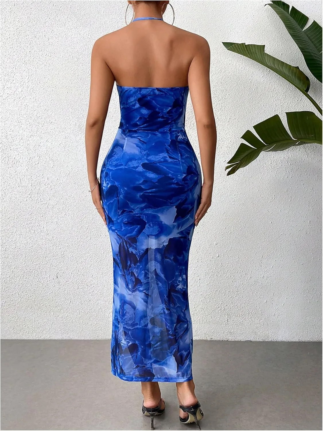 Floerns Women's Floral Drawstring Ruched Bodycon Halter Neck Midi Dress Tie Dye Cut Out Slit Hem Summer Dress Sundresses